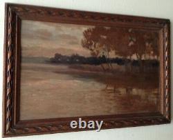 Tableau ancien Impressionniste Paysage Bord d'un Lac Huile signée Harvey c1908