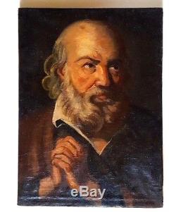Tableau ancien Italie superbe portrait d'homme italien à la barbe en prière