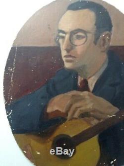 Tableau ancien Jean PUY (1876-1960) Portrait Homme à la Guitare Huile signée