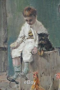 Tableau ancien Jeune garçon Enfant Poules Chien L. Chatelain 1910