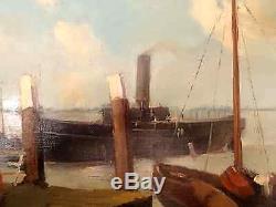 Tableau ancien Joseph TILLEUX (1896-1978) Huile Marine Port Zeebruges Remorqueur
