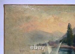 Tableau ancien, Lac d'Evian, Juillet 1912, Monogramme CD, Huile sur toile, XXe