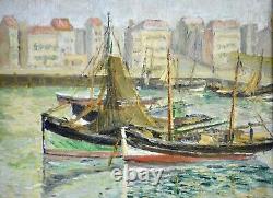 Tableau ancien, Le port de Blankenberg en Belgique