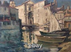 Tableau ancien Louis Labro-Font (1881-1952) L'église Saint-Geniès à MARTIGUES