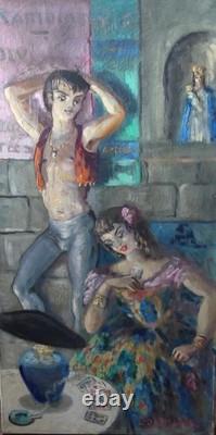 Tableau ancien Luc Olivier Lesieur Référencé Gitans Cartes Tarots 100 x 50 cms