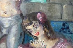 Tableau ancien Luc Olivier Lesieur Référencé Gitans Cartes Tarots 100 x 50 cms