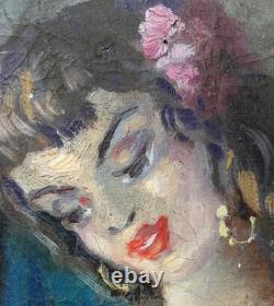 Tableau ancien Luc Olivier Lesieur Référencé Gitans Cartes Tarots 100 x 50 cms