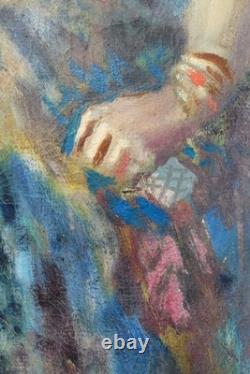 Tableau ancien Luc Olivier Lesieur Référencé Gitans Cartes Tarots 100 x 50 cms