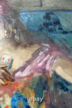 Tableau ancien Luc Olivier Lesieur Référencé Gitans Cartes Tarots 100 x 50 cms