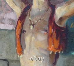 Tableau ancien Luc Olivier Lesieur Référencé Gitans Cartes Tarots 100 x 50 cms