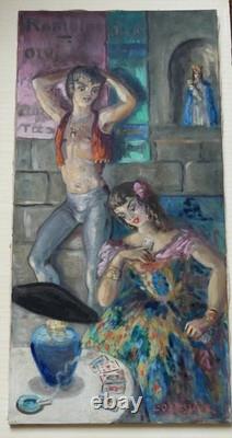 Tableau ancien Luc Olivier Lesieur Référencé Gitans Cartes Tarots 100 x 50 cms