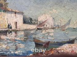Tableau ancien Marine vue du village des martigues bord de Mer Bateau OLIVE