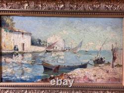 Tableau ancien Marine vue du village des martigues bord de Mer Bateau OLIVE