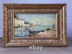Tableau ancien Marine vue du village des martigues bord de Mer Bateau OLIVE