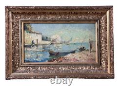 Tableau ancien Marine vue du village des martigues bord de Mer Bateau OLIVE