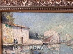 Tableau ancien Marine vue du village des martigues bord de Mer Bateau OLIVE