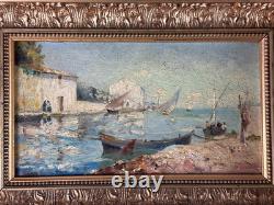 Tableau ancien Marine vue du village des martigues bord de Mer Bateau OLIVE
