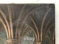 Tableau ancien, Monastère, Moines, Religieux, Huile Sur Papier, Peinture XIXe