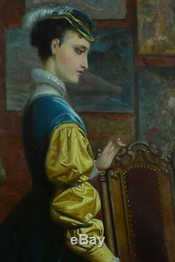 Tableau ancien Napoléon3 Portrait Femme Peintre Atelier Modèle Louis Willems 19e