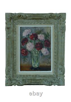 Tableau ancien Nature Morte bouquet oeillets fleurs Vera de Landchevsky encadré