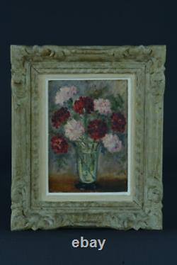 Tableau ancien Nature Morte bouquet oeillets fleurs Vera de Landchevsky encadré