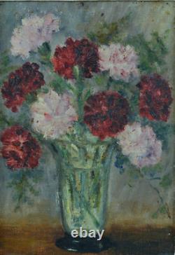 Tableau ancien Nature Morte bouquet oeillets fleurs Vera de Landchevsky encadré