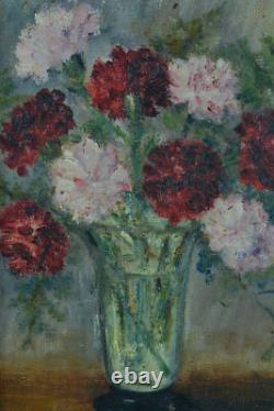 Tableau ancien Nature Morte bouquet oeillets fleurs Vera de Landchevsky encadré
