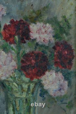Tableau ancien Nature Morte bouquet oeillets fleurs Vera de Landchevsky encadré