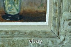 Tableau ancien Nature Morte bouquet oeillets fleurs Vera de Landchevsky encadré