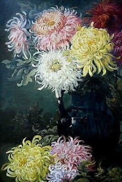 Tableau ancien Nature morte fleurs Chrysanthèmes signé Marius Jognarelli XIXème