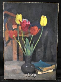 Tableau ancien Nature morte fleurs tulipes école de Rouen début XXème