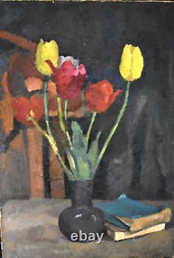 Tableau ancien Nature morte fleurs tulipes école de Rouen début XXème