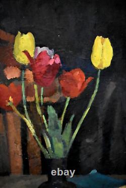 Tableau ancien Nature morte fleurs tulipes école de Rouen début XXème