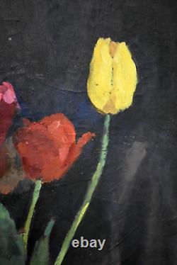 Tableau ancien Nature morte fleurs tulipes école de Rouen début XXème