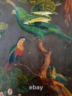 Tableau ancien OISEAUX et FLEURS jungle animalier botanique art naif Rousseau