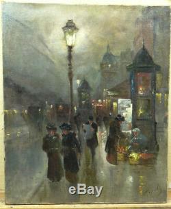 Tableau ancien PARIS rue animée nocturne, belle époque, calèche, lampadaire Signé