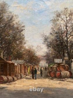 Tableau ancien Paris huile Quai de Bercy halle aux vins Jules Pornin 1887