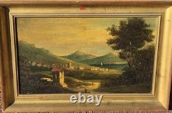 Tableau ancien. Paysage Animé. Peinture huile sur toile