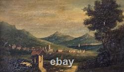 Tableau ancien. Paysage Animé. Peinture huile sur toile