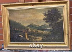 Tableau ancien. Paysage Animé. Peinture huile sur toile