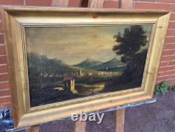 Tableau ancien. Paysage Animé. Peinture huile sur toile