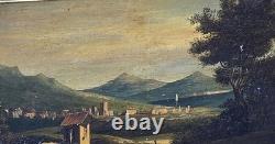 Tableau ancien. Paysage Animé. Peinture huile sur toile