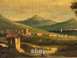 Tableau ancien. Paysage Animé. Peinture huile sur toile