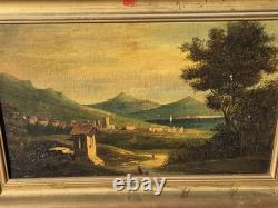 Tableau ancien. Paysage Animé. Peinture huile sur toile