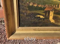 Tableau ancien. Paysage Animé. Peinture huile sur toile