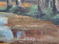 Tableau ancien. Paysage Animées Lac. Peinture huile sur toile