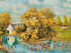 Tableau ancien Paysage Bord de Rivière Animé Peinture huile sur panneau D Isorel
