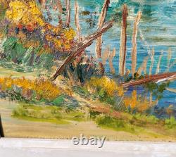 Tableau ancien Paysage Bord de Rivière Animé Peinture huile sur panneau D Isorel
