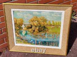 Tableau ancien Paysage Bord de Rivière Animé Peinture huile sur panneau D Isorel