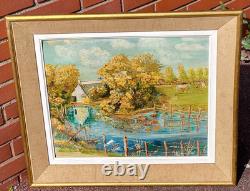Tableau ancien Paysage Bord de Rivière Animé Peinture huile sur panneau D Isorel